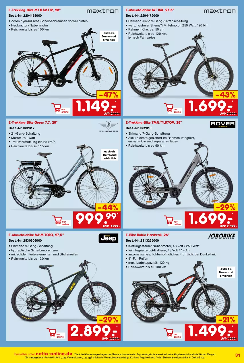 Aktueller Prospekt Netto Marken-Discount - Online-Angebote August - von 01.08 bis 31.08.2023 - strona 31 - produkty: akku, angebot, auto, batterie, deka, E-Bike, eier, eis, ente, Kette, LG, Mountainbike, ndk, reifen, reis, rel, rwe, Schal, Stollen, Ti, tisch, ZTE