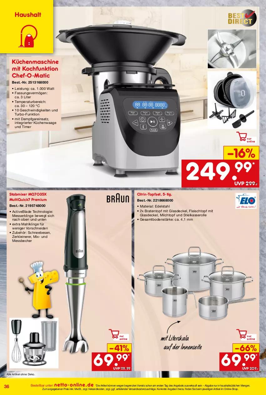 Aktueller Prospekt Netto Marken-Discount - Online-Angebote August - von 01.08 bis 31.08.2023 - strona 36 - produkty: angebot, Becher, braten, Bratentopf, decke, Deckel, edelstahl, eis, fleisch, Fleischtopf, Glasdeckel, küche, Küchen, küchenmaschine, Küchenwaage, leine, LG, messer, milch, Mixer, ndk, reis, Ria, stabmixer, stielkasserolle, Ti, timer, topf, Topfset, Waage, Zerkleinerer, ZTE