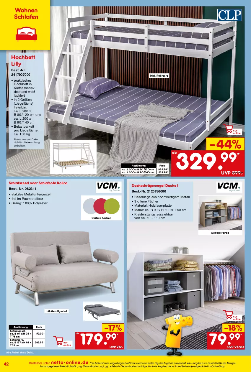 Aktueller Prospekt Netto Marken-Discount - Online-Angebote August - von 01.08 bis 31.08.2023 - strona 42 - produkty: angebot, bett, decke, eis, hochbett, Holz, kleid, kleider, lack, latte, LG, Liege, matratze, matratzen, ndk, regal, reis, Ria, rum, schlafsofa, sessel, Sofa, Ti, tisch, ZTE