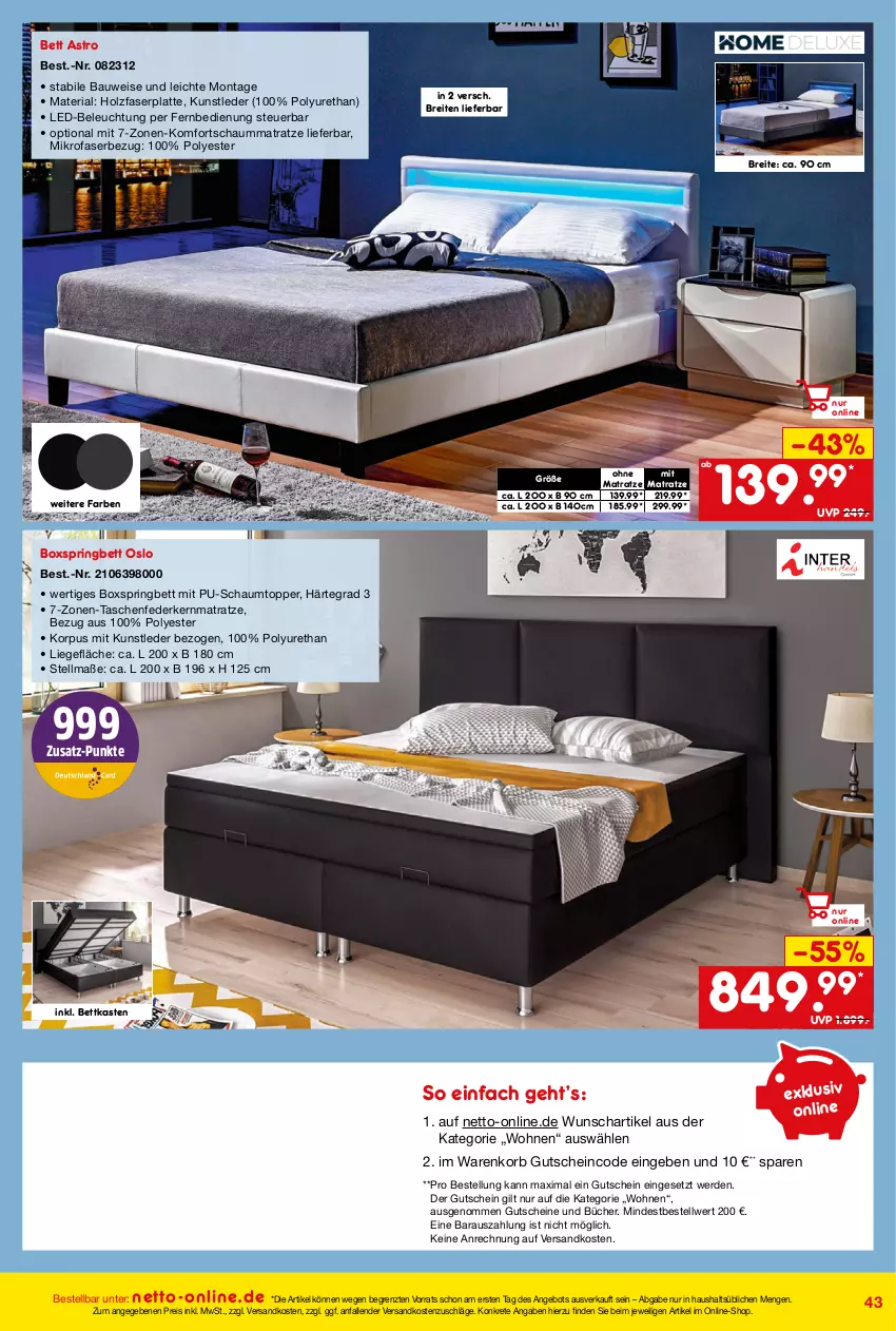 Aktueller Prospekt Netto Marken-Discount - Online-Angebote August - von 01.08 bis 31.08.2023 - strona 43 - produkty: angebot, Bau, beleuchtung, bett, bettkasten, boxspringbett, Brei, eis, erde, federkern, federkernmatratze, fernbedienung, gutschein, gutscheine, Holz, kernmatratze, komfortschaummatratze, korb, latte, Liege, matratze, mikrofaser, ndk, reis, Ria, ring, Schaummatratze, Tasche, taschen, taschenfederkernmatratze, Ti, topper, ZTE