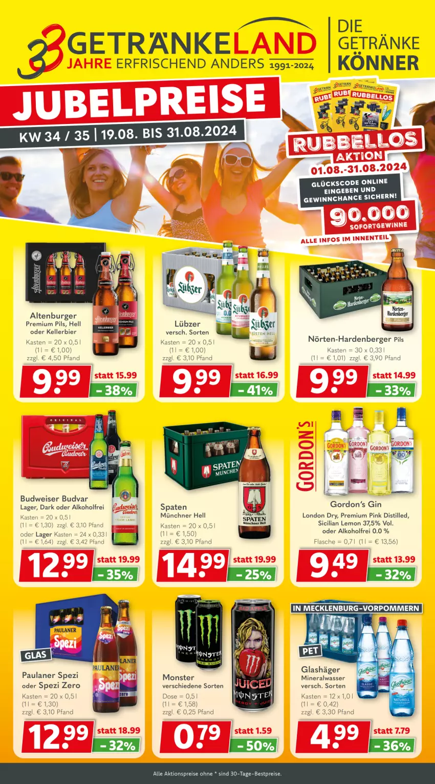 Aktueller Prospekt Getraenkeland - von 19.08 bis 31.08.2024 - strona 1 - produkty: aktionspreis, alkohol, altenburger, Alwa, Berger, bestpreis, bestpreise, bier, budweiser, burger, eis, elle, flasche, getränk, getränke, gin, gordon, Gordon’s, kellerbier, london dry, mineralwasser, monster, Paula, paulaner, pils, premium pils, reis, Spaten, Spezi, Ti, wasser