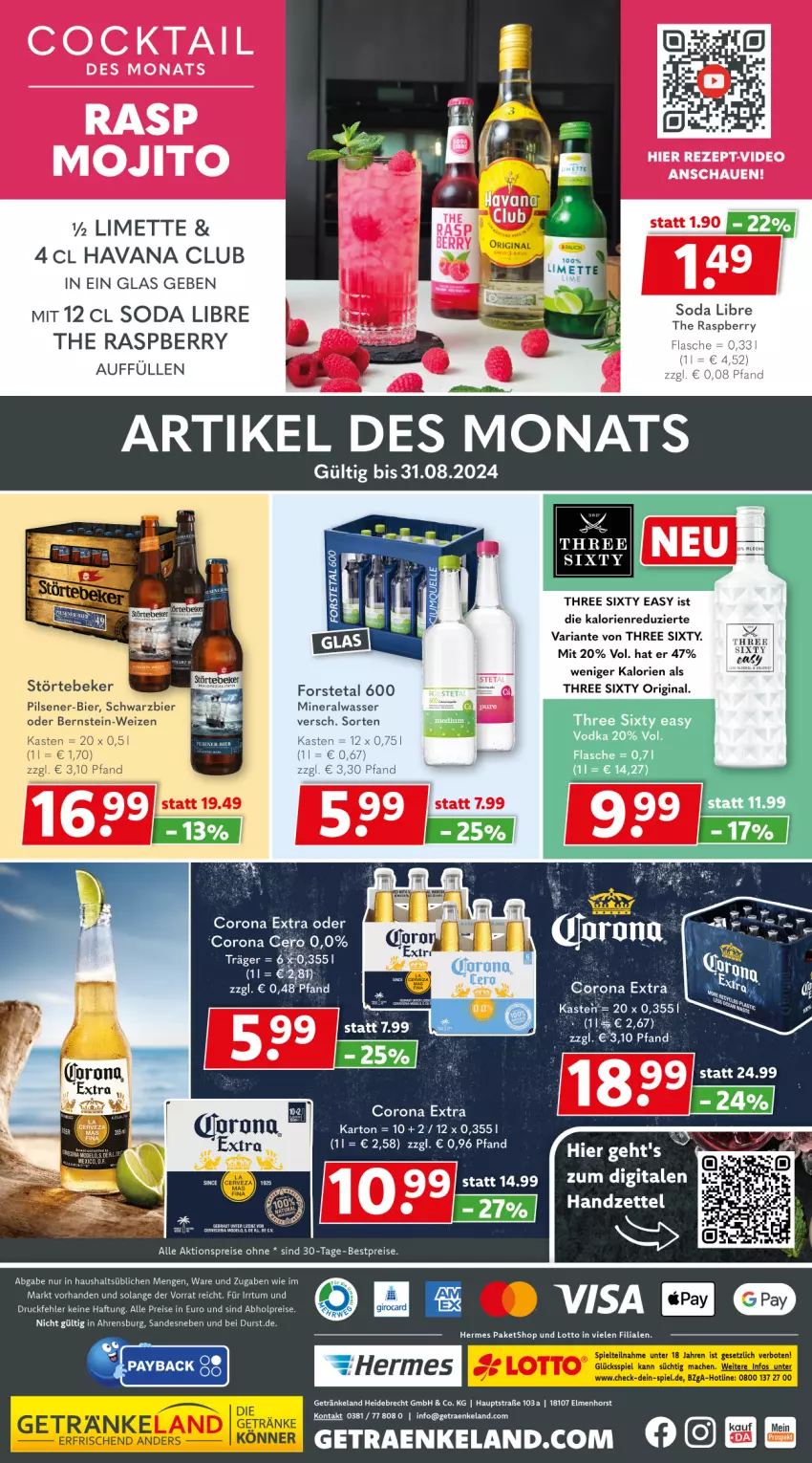 Aktueller Prospekt Getraenkeland - von 19.08 bis 31.08.2024 - strona 10 - produkty: abholpreise, aktionspreis, Alwa, bestpreis, bestpreise, bier, buch, cocktail, corona, deo, eis, Elan, flasche, getränk, getränke, gin, Havana Club, limette, Mett, mineralwasser, pils, pilsener, raspberry, reis, rezept, Ria, Soda, störtebeker, Three Sixty, Ti, wasser