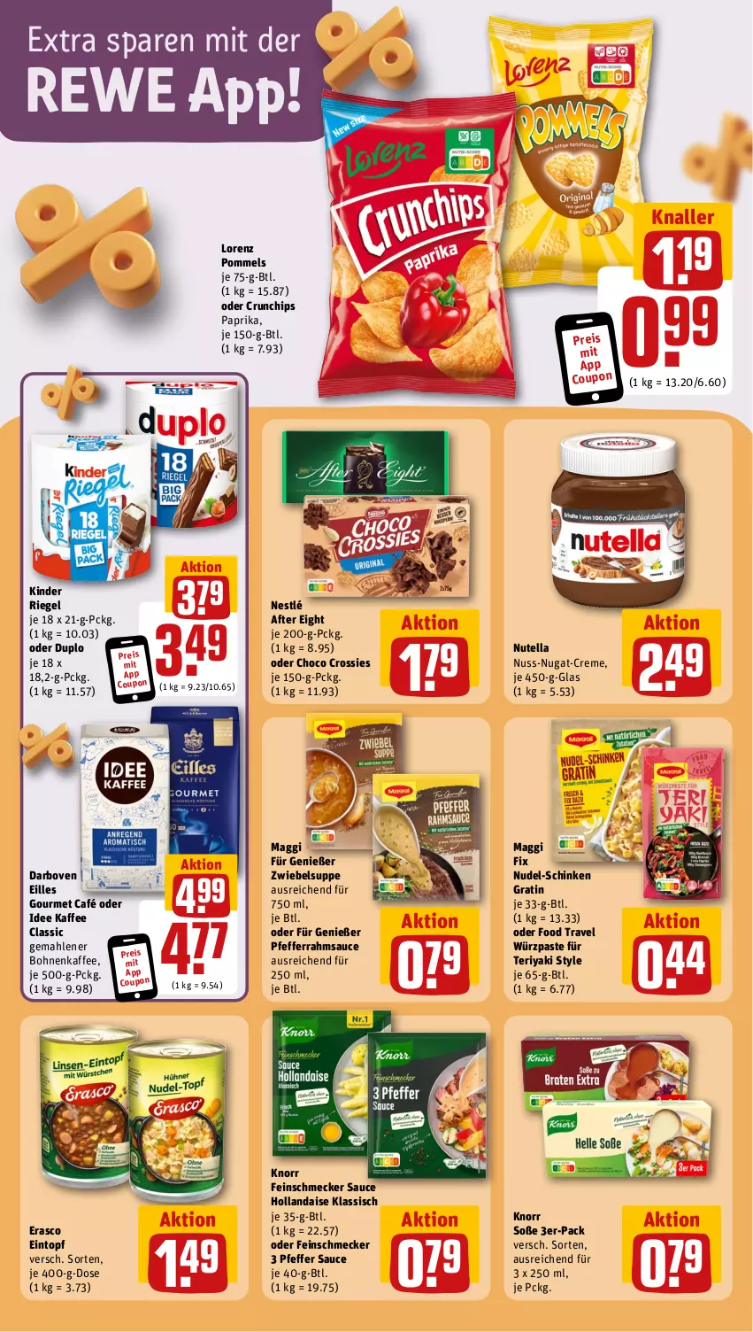 Aktueller Prospekt Rewe - Prospekte - von 16.09 bis 21.09.2024 - strona 10 - produkty: after eight, bohne, bohnen, bohnenkaffee, chips, choco crossies, coupon, creme, crossies, crunchips, darbo, darboven, duplo, eilles gourmet, eintopf, eis, erasco, feinschmecker, gourmet café, hollandaise, kaffee, Kinder, kinder riegel, knorr, lorenz, maggi, maggi fix, nestlé, nudel, nuss, nuss-nugat-creme, nutella, paprika, pfeffer, Pommels, reis, riegel, sauce, sauce hollandaise, schinken, Soße, suppe, Ti, topf, zwiebel