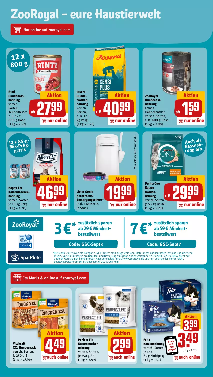 Aktueller Prospekt Rewe - Prospekte - von 16.09 bis 21.09.2024 - strona 13 - produkty: angebot, angebote, aust, beutel, coupon, eimer, eis, felix, filet, fleisch, gutschein, gutscheine, Happy Cat, hundesnack, Hundetrockennahrung, katzennahrung, Katzenstreu, kraft, Nassnahrung, nerf, Perfect Fit, purina, reis, rinti, rwe, snack, Stier, Ti, Trockennahrung, vita, vitakraft