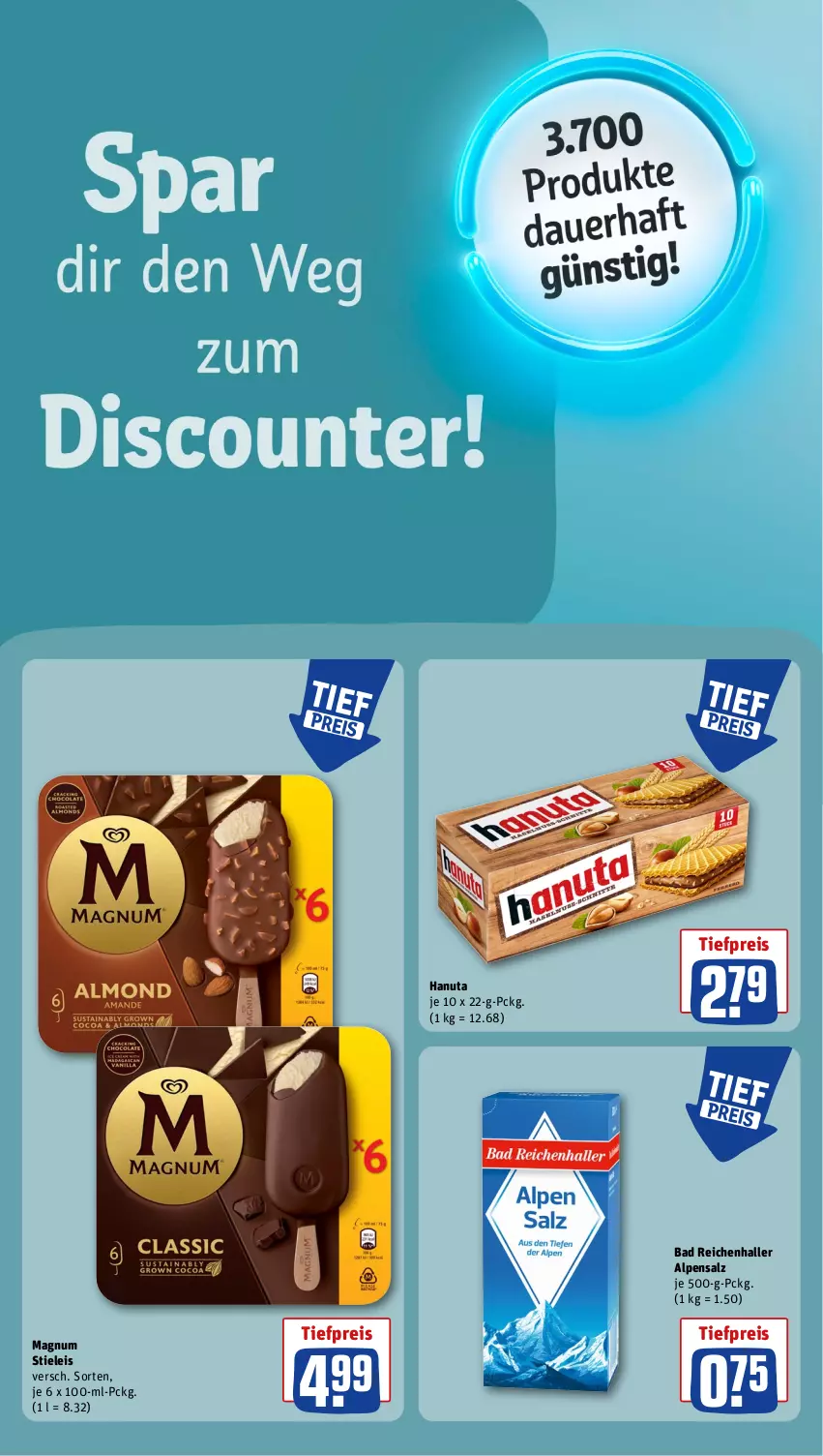 Aktueller Prospekt Rewe - Prospekte - von 16.09 bis 21.09.2024 - strona 14 - produkty: Bad, eis, hanuta, magnum, reis, salz, stieleis, Ti, tiefpreis