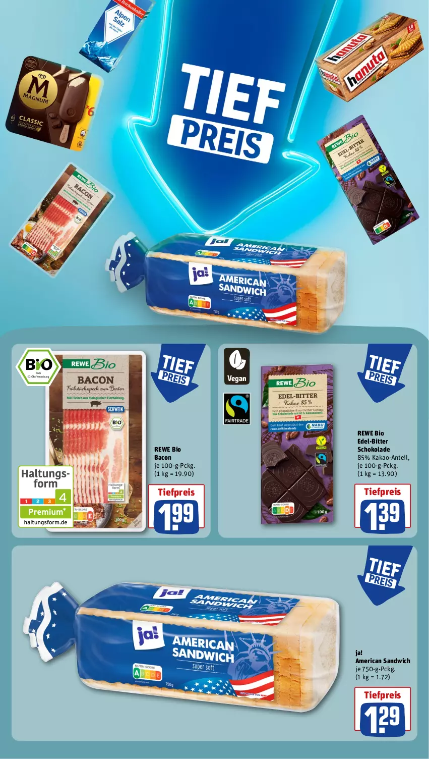 Aktueller Prospekt Rewe - Prospekte - von 16.09 bis 21.09.2024 - strona 15 - produkty: bacon, bio, eis, kakao, reis, rewe bio, sandwich, schoko, schokolade, Ti, tiefpreis