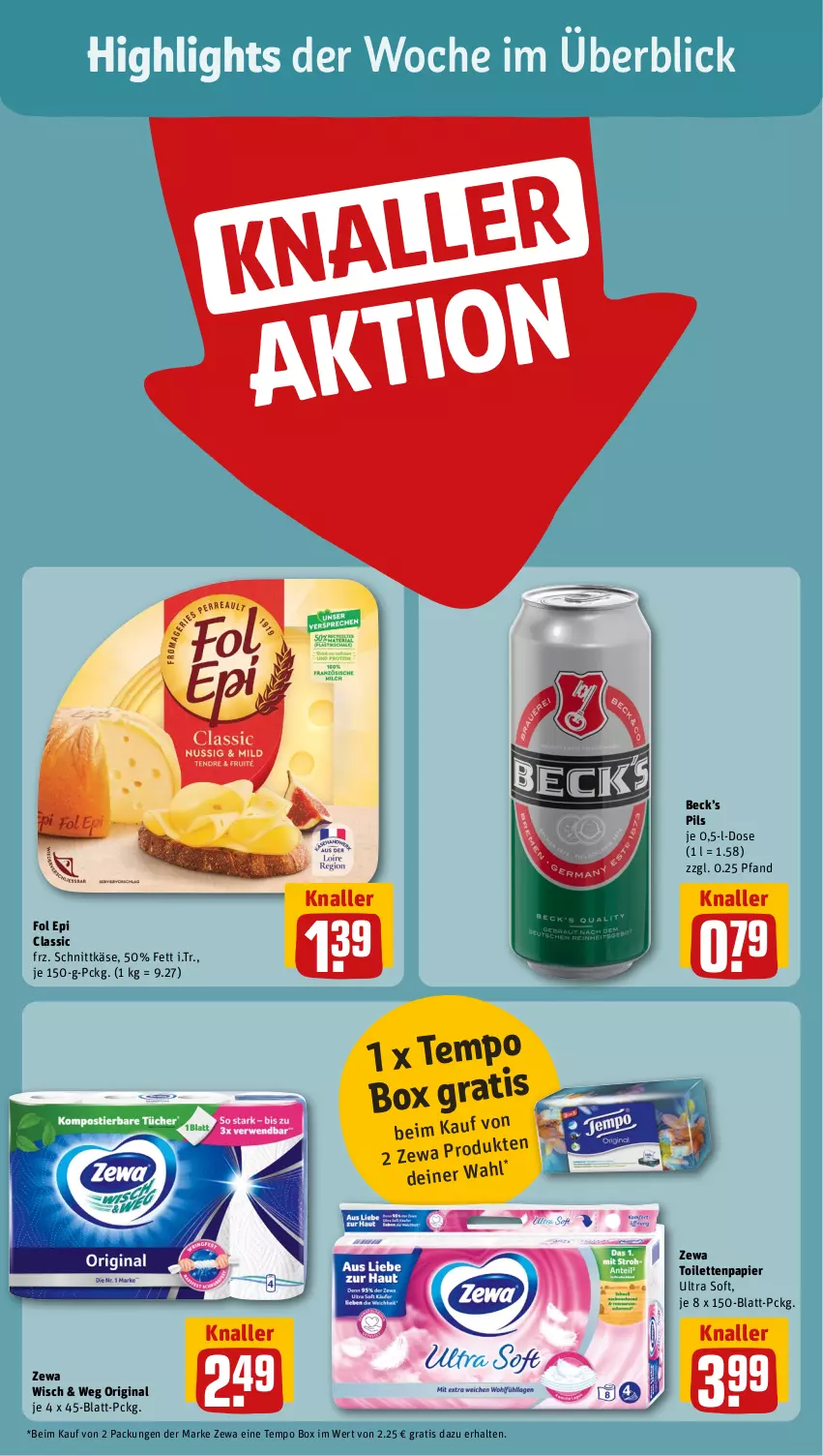 Aktueller Prospekt Rewe - Prospekte - von 16.09 bis 21.09.2024 - strona 2 - produkty: fol epi, gin, Käse, papier, pils, schnittkäse, Tempo, Ti, toilettenpapier, zewa