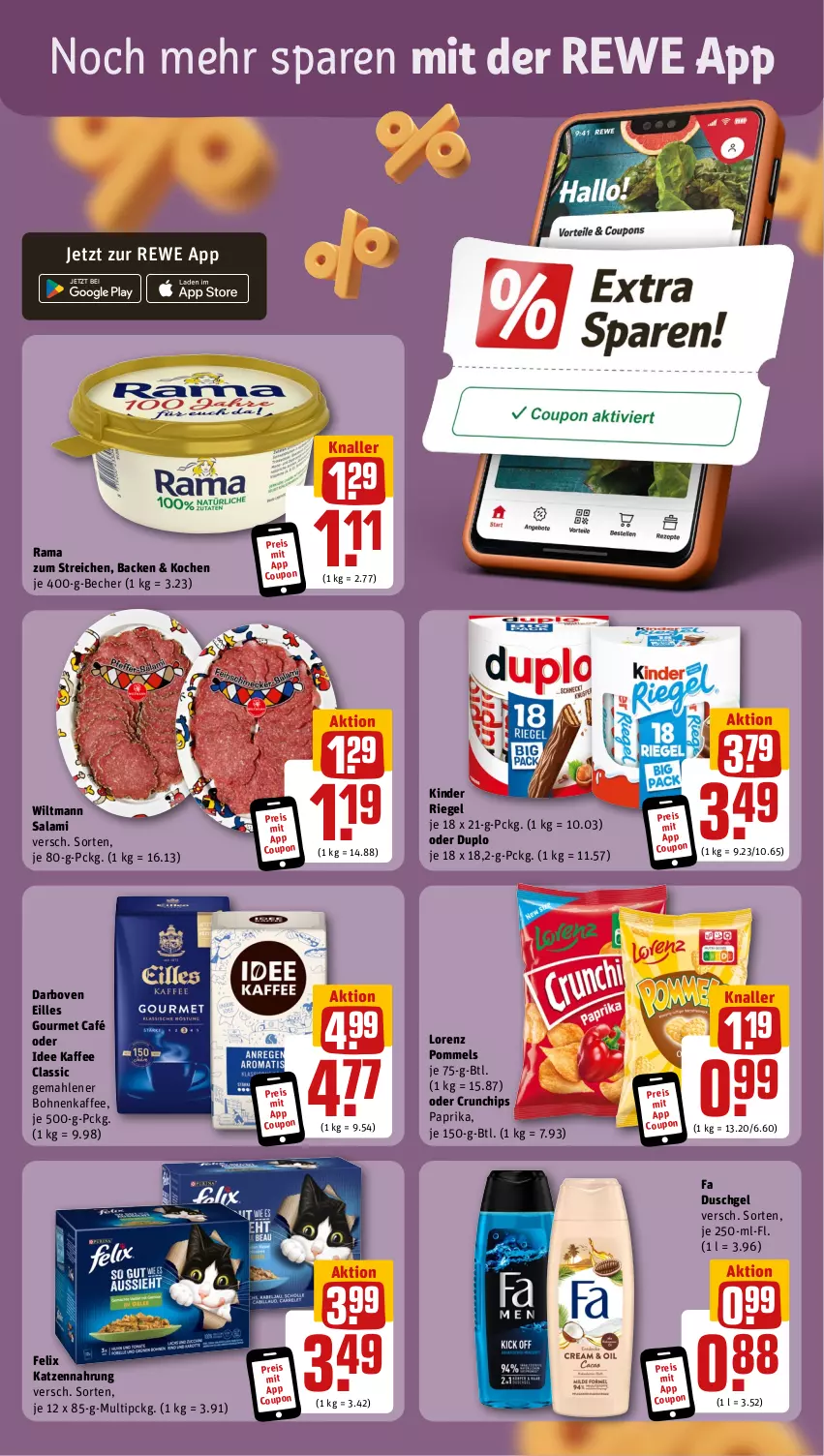 Aktueller Prospekt Rewe - Prospekte - von 16.09 bis 21.09.2024 - strona 3 - produkty: Becher, bohne, bohnen, bohnenkaffee, chips, coupon, crunchips, darbo, darboven, duplo, duschgel, eilles gourmet, eis, fa duschgel, felix, gemahlener bohnenkaffee, gourmet café, kaffee, katzennahrung, Kinder, kinder riegel, lorenz, paprika, Pommels, rama, reis, riegel, salami, Ti, wiltmann