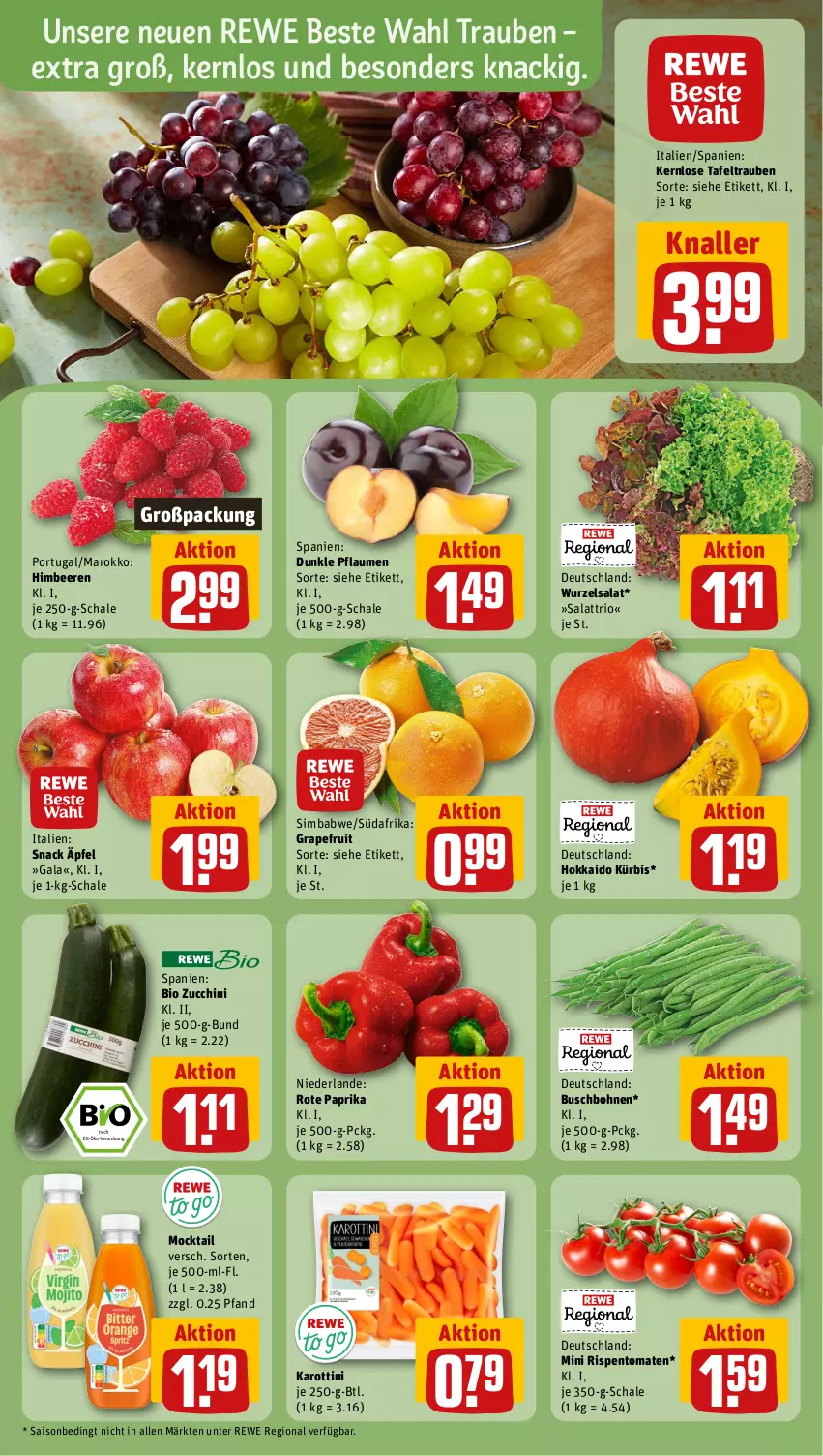 Aktueller Prospekt Rewe - Prospekte - von 16.09 bis 21.09.2024 - strona 4 - produkty: beere, beeren, bio, bohne, bohnen, Buschbohnen, grapefruit, himbeer, himbeere, himbeeren, Kürbis, paprika, pflaume, pflaumen, rewe beste wahl, rispentomaten, salat, Schal, Schale, sim, simba, snack, tafeltrauben, Ti, tomate, tomaten, trauben, zucchini