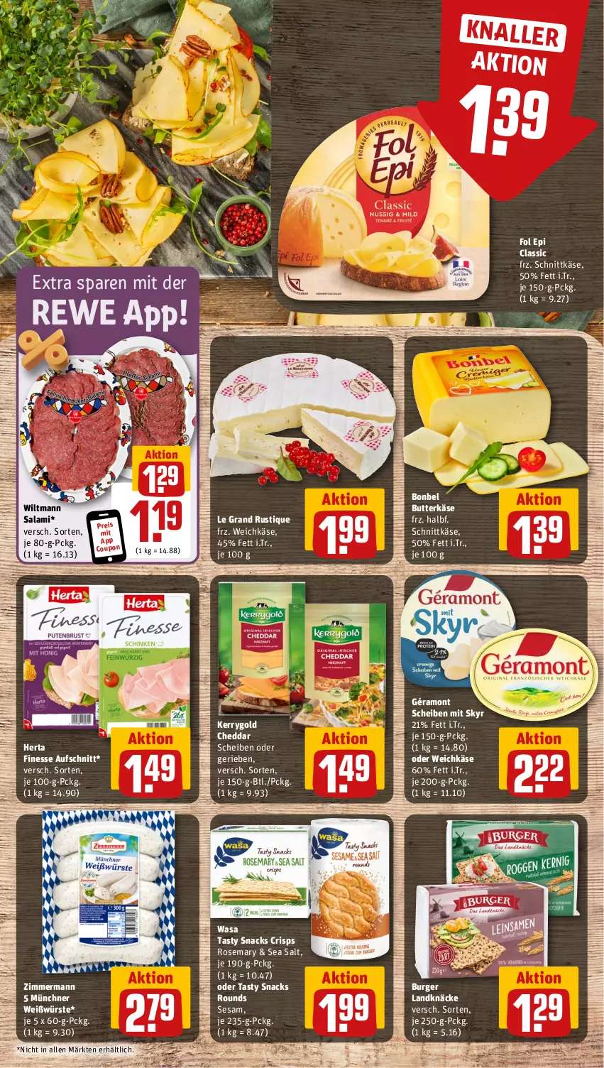 Aktueller Prospekt Rewe - Prospekte - von 16.09 bis 21.09.2024 - strona 7 - produkty: aufschnitt, bonbel, burger, butter, butterkäse, cheddar, coupon, eis, finesse, fol epi, géramont, herta, herta finesse, Käse, kerrygold, ndk, reis, salami, schnittkäse, sesam, Skyr, snack, snacks, Ti, wasa, weichkäse, wiltmann