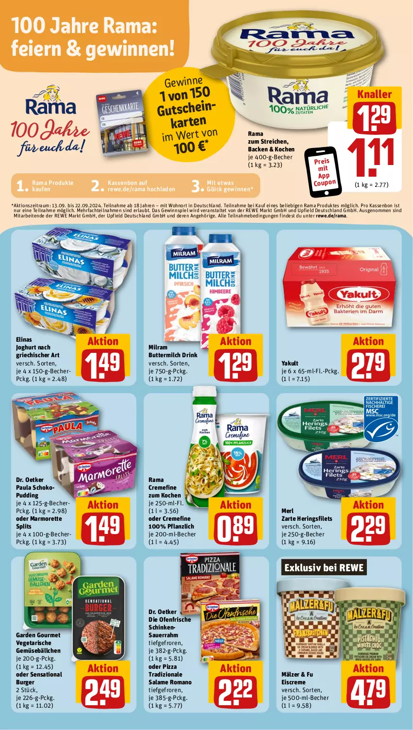 Aktueller Prospekt Rewe - Prospekte - von 16.09 bis 21.09.2024 - strona 8 - produkty: auer, Becher, burger, butter, buttermilch, coupon, creme, die ofenfrische, Dr. Oetker, drink, eier, eis, eiscreme, elinas, elinas joghurt, filet, filets, garden gourmet, gewinnspiel, gutschein, hering, Herings, heringsfilets, joghur, joghurt, joghurt nach, marmorette, merl, milch, milram, Ofen, Paula, pizza, pizza tradizionale, pudding, rama, rama cremefine, reis, ring, salame romano, Sauerrahm, schinken, schoko, Ti, tradizionale, Vegeta