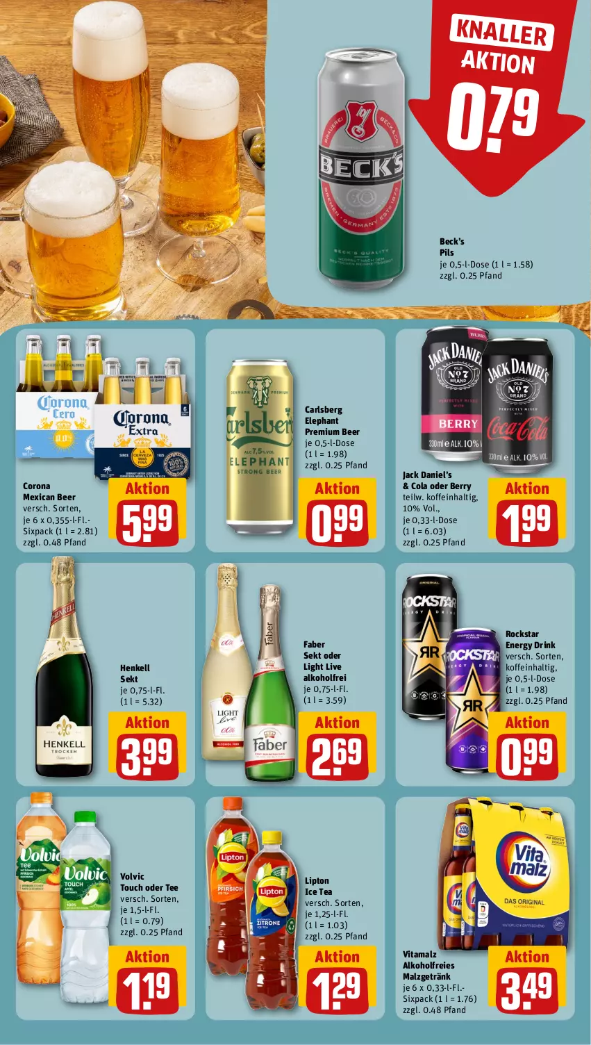 Aktueller Prospekt Rewe - Prospekte - von 16.09 bis 21.09.2024 - strona 9 - produkty: alkohol, carlsberg, cola, corona, drink, energy drink, getränk, henkel, henkell, henkell sekt, ice tea, jack daniel, Jack Daniel’s, lipton, lipton ice tea, malz, pils, Rockstar, sekt, tee, Ti, vita, vitamalz, volvic