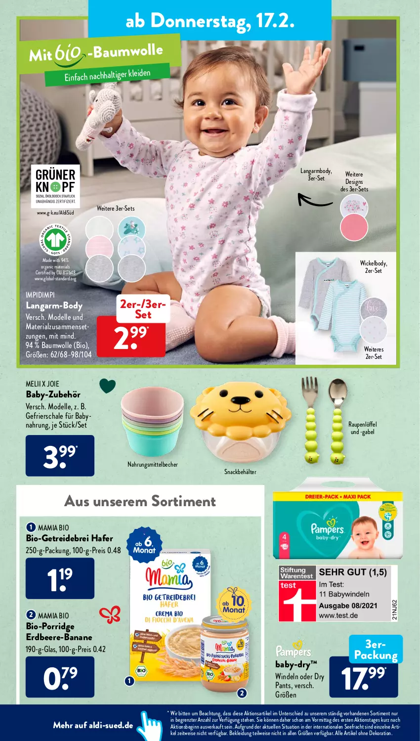 Aktueller Prospekt AldiSud - ALDI Aktuell - von 14.02 bis 19.02.2022 - strona 22 - produkty: aldi, alle artikel ohne dekoration, baby-dry, Babynahrung, banane, Bau, baumwolle, Becher, beere, Behälter, bio, body, Brei, dekoration, dell, eis, elle, erdbeere, gabel, gin, hafer, kleid, Kleidung, Löffel, mam, Mode, Pants, porridge, reis, Ria, Schal, Schale, snack, Ti, WICK, Wickelbody, windeln, wolle, ZTE