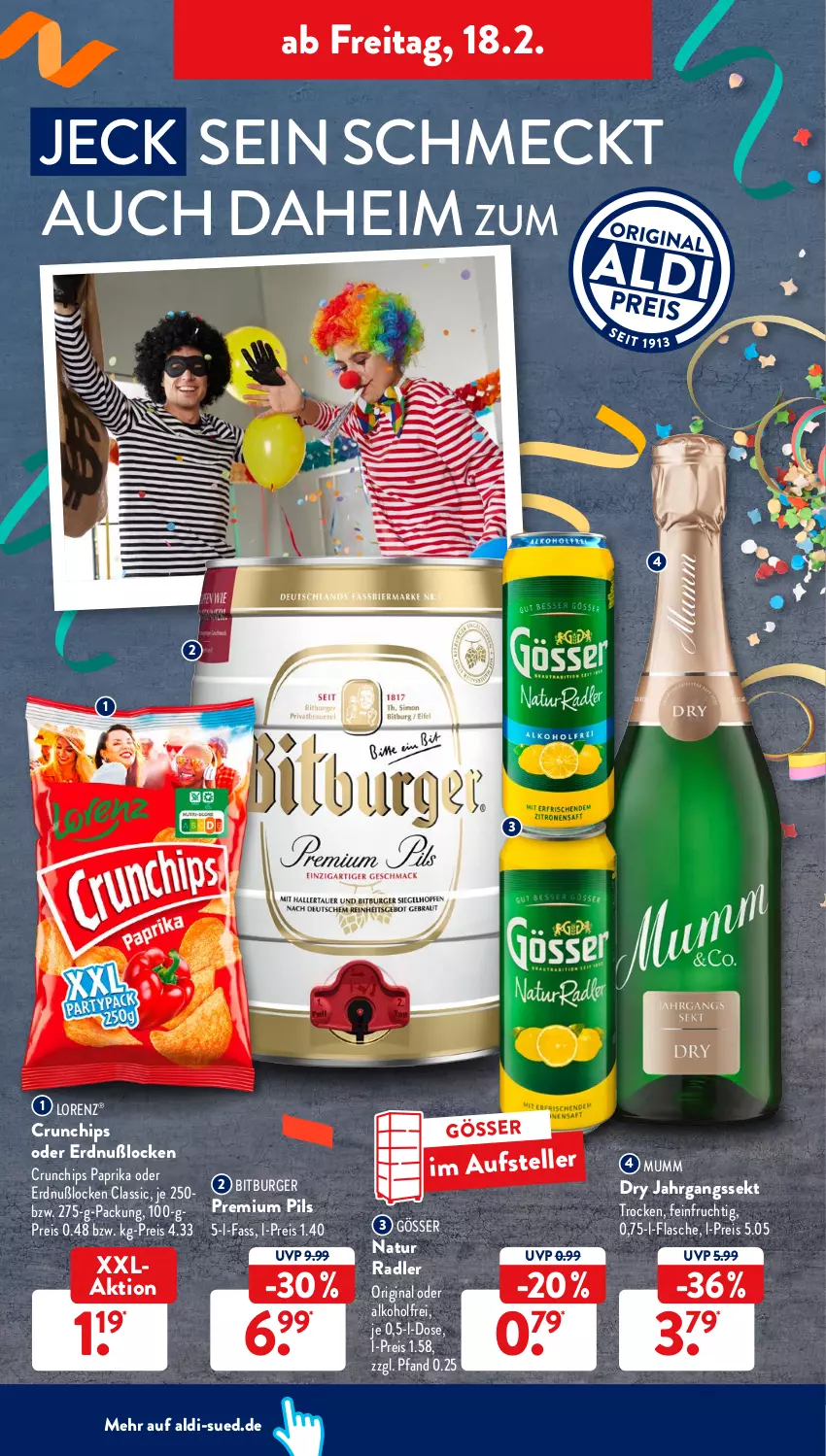 Aktueller Prospekt AldiSud - ALDI Aktuell - von 14.02 bis 19.02.2022 - strona 32 - produkty: aldi, alkohol, bitburger, burger, chips, crunchips, eis, elle, flasche, frucht, gin, gösser, jahrgangssekt, lorenz, mumm, natur, natur radler, paprika, pils, premium pils, radler, reis, sekt, teller, Ti