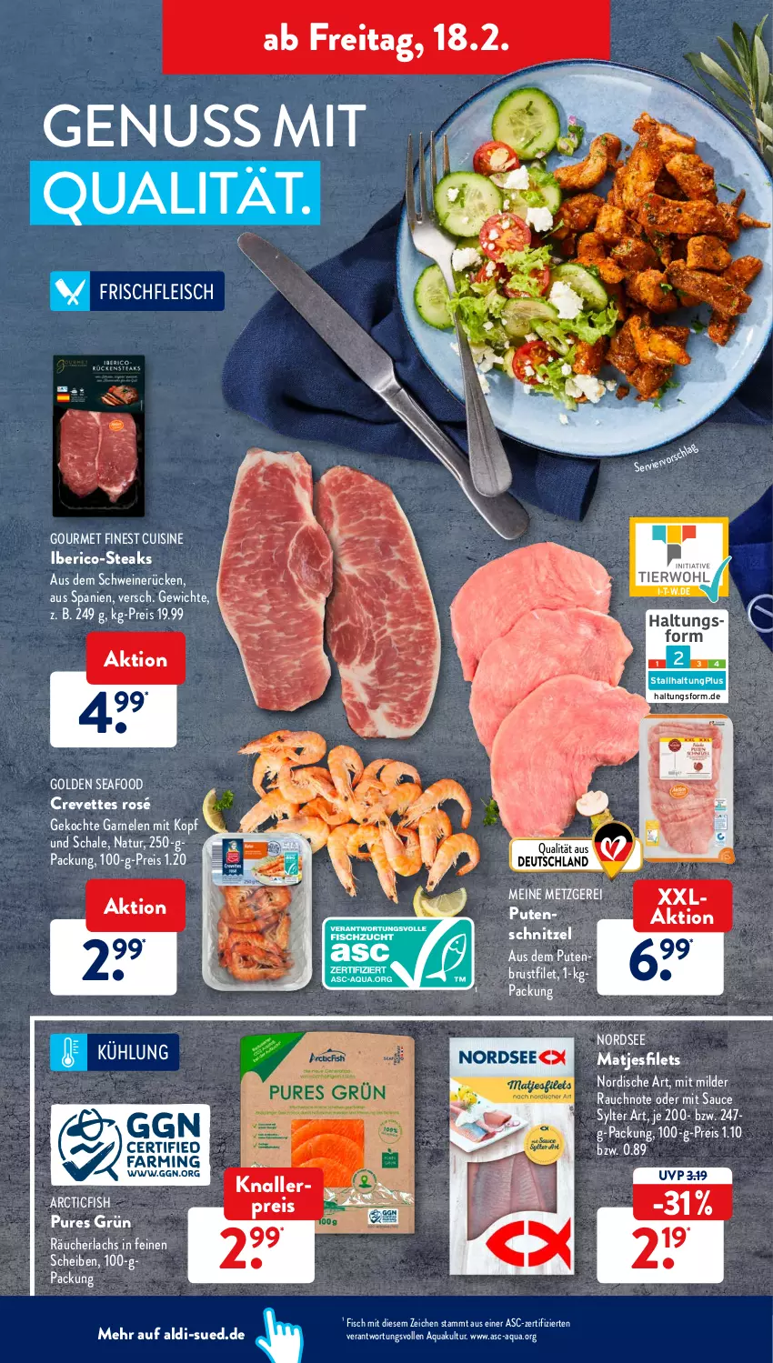 Aktueller Prospekt AldiSud - ALDI Aktuell - von 14.02 bis 19.02.2022 - strona 36 - produkty: aldi, aqua, bier, brustfilet, eis, filet, filets, fisch, fleisch, garnelen, knallerpreis, lachs, matjes, Matjesfilet, matjesfilets, natur, Nordsee, nuss, pute, putenbrust, putenbrustfilet, putenschnitzel, Rauch, Räucherlachs, reis, sauce, Schal, Schale, schnitzel, schwein, schweine, schweinerücken, steak, steaks, Sylter, Ti, wein, weine