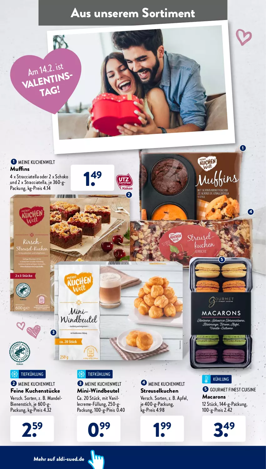 Aktueller Prospekt AldiSud - ALDI Aktuell - von 14.02 bis 19.02.2022 - strona 42 - produkty: ACC, aldi, apfel, beutel, creme, eis, kuchen, mac, Macarons, mandel, Muffin, muffins, reis, schoko, Streuselkuchen, Ti, vanille, Windbeutel