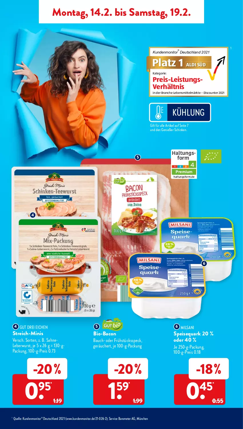 Aktueller Prospekt AldiSud - ALDI Aktuell - von 14.02 bis 19.02.2022 - strona 7 - produkty: aldi, bacon, Bau, bio, discount, eis, elle, Frühstücksspeck, je 250-g-packung, lebensmittel, leberwurst, monitor, quark, reis, sahne, schinken, Speck, speisequark, Ti, wurst