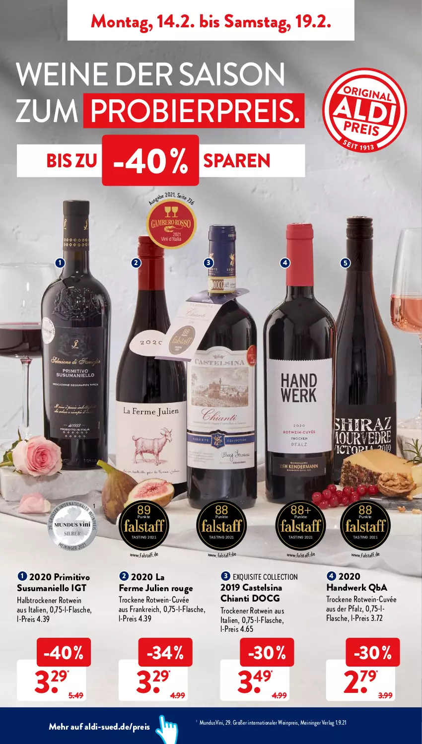 Aktueller Prospekt AldiSud - ALDI Aktuell - von 14.02 bis 19.02.2022 - strona 8 - produkty: aldi, asti, bier, chia, chianti, cuvée, eis, flasche, primitivo, reis, rotwein, rouge, Ti, wein, weine