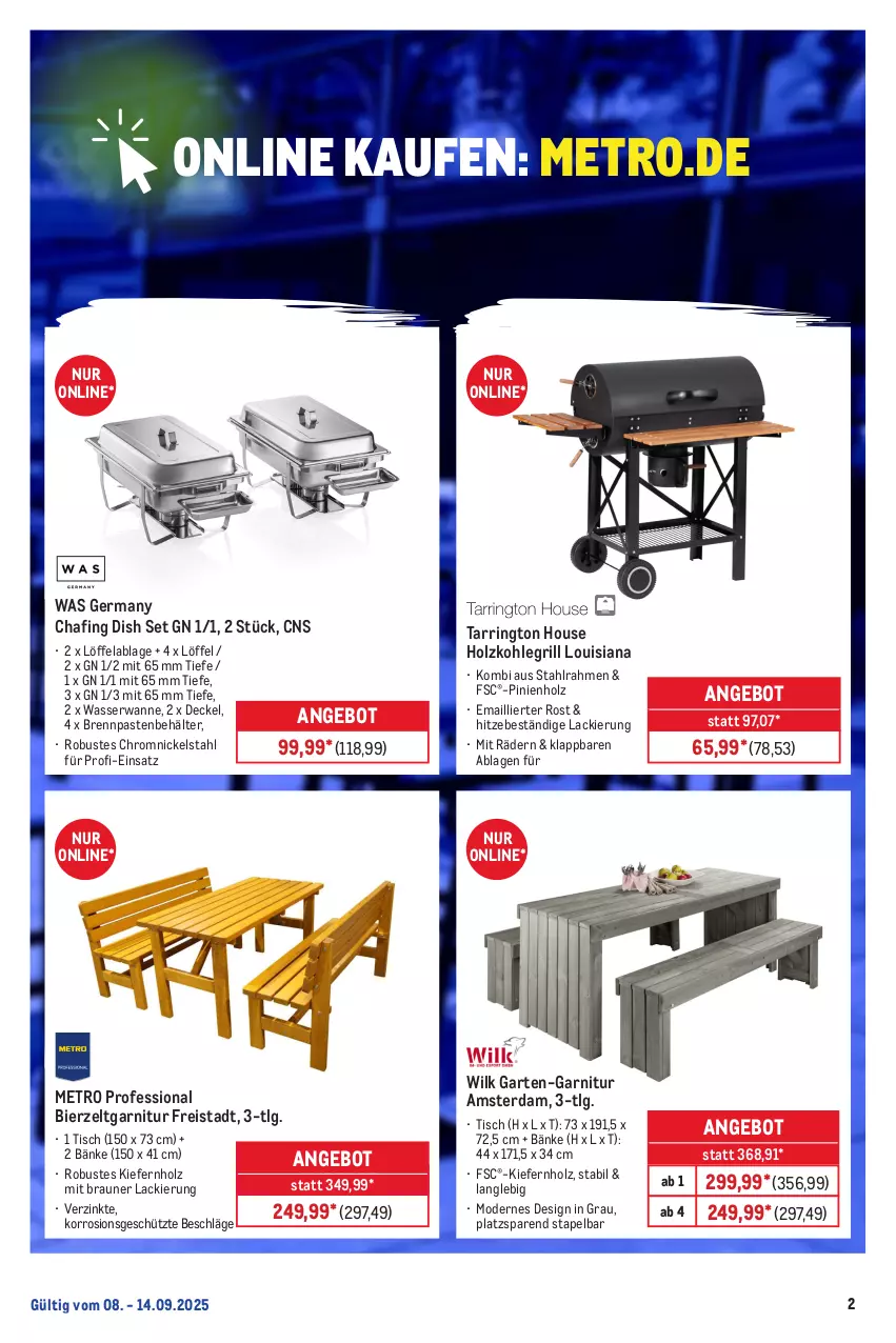 Aktueller Prospekt Metro - Online: Wochen-Angebote - von 08.09 bis 14.09.2025 - strona 2 - produkty: angebot, Behälter, bier, Bierzeltgarnitur, braun, Brennpaste, decke, Deckel, eis, garnitur, Garten, Germ, grill, Holz, holzkohle, holzkohlegrill, Kohlegrill, lack, LG, Löffel, Metro, Mode, reis, ring, tarrington house, Ti, tisch, Wanne, wasser, Zelt, ZTE