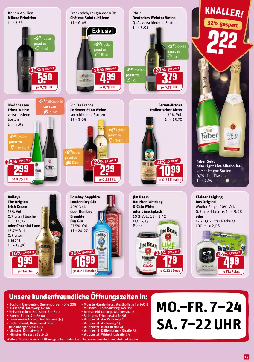 Aktueller Prospekt Rewe - REWE Ihr Kaufpark - von 08.02 bis 13.02.2021 - strona 17 - produkty: alkohol, baileys, Berger, bombay sapphire, bourbon, bourbon whiskey, burger, cola, dry gin, eis, ente, Fernet, flasche, Geflügel, gin, irish cream, jim beam, Käse, Kinder, kleiner feigling, lamm, leine, london dry, london dry gin, primitivo, rind, sapphire, sekt, Ti, uhr, vin de france, wein, weine, whiskey, wodka