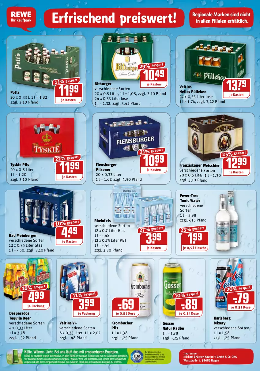 Aktueller Prospekt Rewe - REWE Ihr Kaufpark - von 08.02 bis 13.02.2021 - strona 20 - produkty: Bad, Berger, bier, bitburger, burger, desperados, eis, elle, fever-tree, flasche, flensburger, franziskaner, gösser, karlsberg, karlsberg mixery, krombache, krombacher, krombacher pils, Mixer, mixery, natur, natur radler, pils, pilsener, radler, reis, tequila, Ti, tonic, tonic water, tyskie, veltins, weissbier