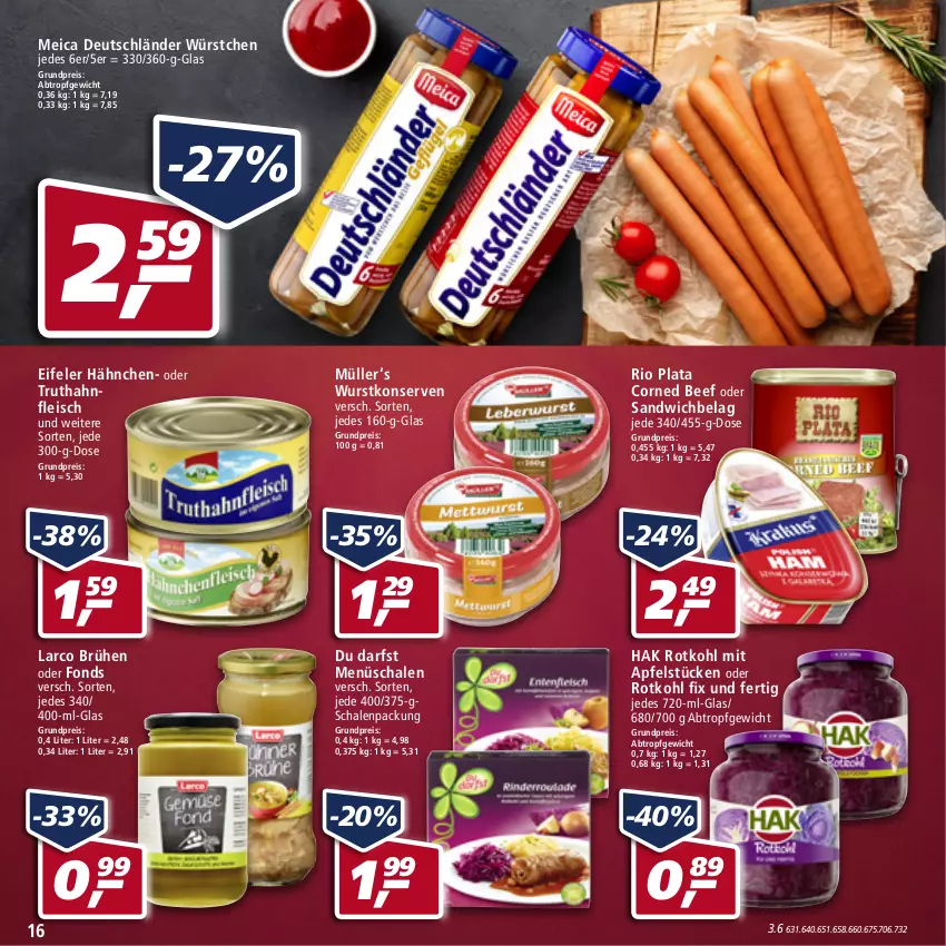 Aktueller Prospekt Real - Real Handzettel - von 28.02 bis 05.03.2022 - strona 16 - produkty: apfel, beef, Brühe, corned beef, eis, fleisch, Konserven, meica, Müller, reis, rotkohl, sandwich, Schal, Schale, Ti, truthahn, wurst, würstchen, wurstkonserven