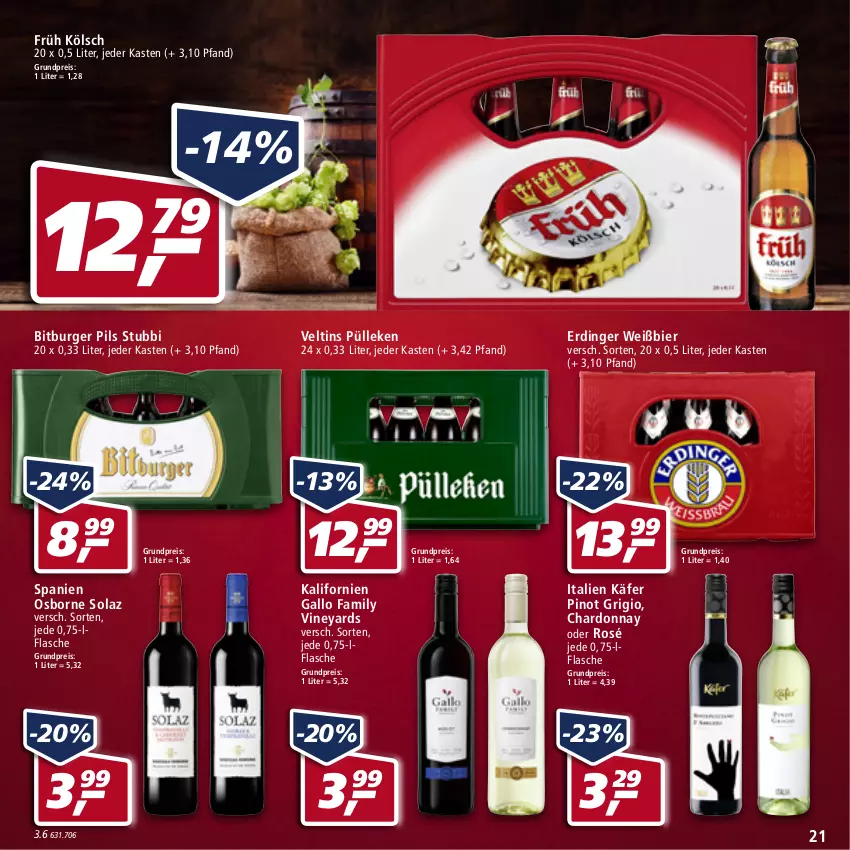 Aktueller Prospekt Real - Real Handzettel - von 28.02 bis 05.03.2022 - strona 21 - produkty: bier, bitburger, bitburger pils, burger, chardonnay, eis, erdinger, flasche, Früh Kölsch, gallo, gallo family, käfer, olaz, osborne, pils, Pinot, pinot grigio, reis, Ti, veltins