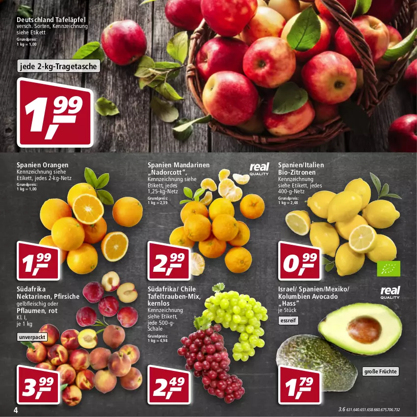 Aktueller Prospekt Real - Real Handzettel - von 28.02 bis 05.03.2022 - strona 4 - produkty: avocado, bio, bio-zitronen, eis, fleisch, früchte, mandarine, mandarinen, Nektar, nektarinen, orange, orangen, pfirsich, pfirsiche, pflaume, pflaumen, reis, Schal, Schale, tafeläpfel, tafeltrauben, Tasche, Ti, tragetasche, trauben, zitrone, zitronen