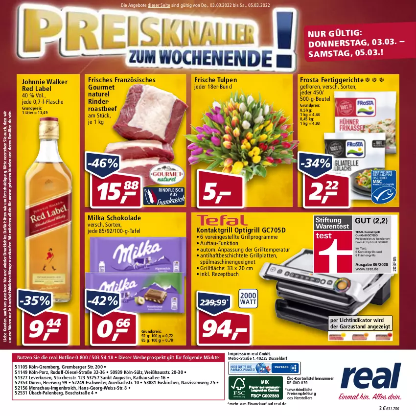 Aktueller Prospekt Real - Real Handzettel - von 28.02 bis 05.03.2022 - strona 48 - produkty: angebot, angebote, auer, auto, beef, Berger, beutel, bosch, buch, Diesel, eis, elle, fertiggericht, fertiggerichte, flasche, frosta, grill, grillfläche, grillplatte, johnnie walker, kontaktgrill, latte, LG, Metro, milka, milka schokolade, Narzissen, natur, payback, reis, rel, rezept, rind, rinder, roastbeef, rwe, schoko, schokolade, spülmaschinen, teller, Ti