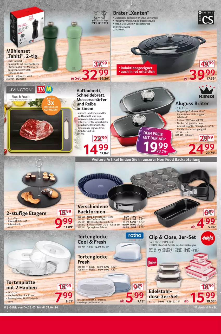 Aktueller Prospekt Selgros - Non Food - von 28.03 bis 03.04.2024 - strona 8 - produkty: Backform, backofen, brot, chili, decke, Deckel, edelstahl, eis, Etagere, herdarten, Holz, ingwer, knoblauch, kräuter, kuchen, lack, latte, LG, maille, messer, Muffin, Muffinform, obst, Ofen, pfeffer, Pfeffermühle, ring, salz, Salzmühle, Schal, Schale, schneidebrett, Springform, Ti, tisch, torte, weck