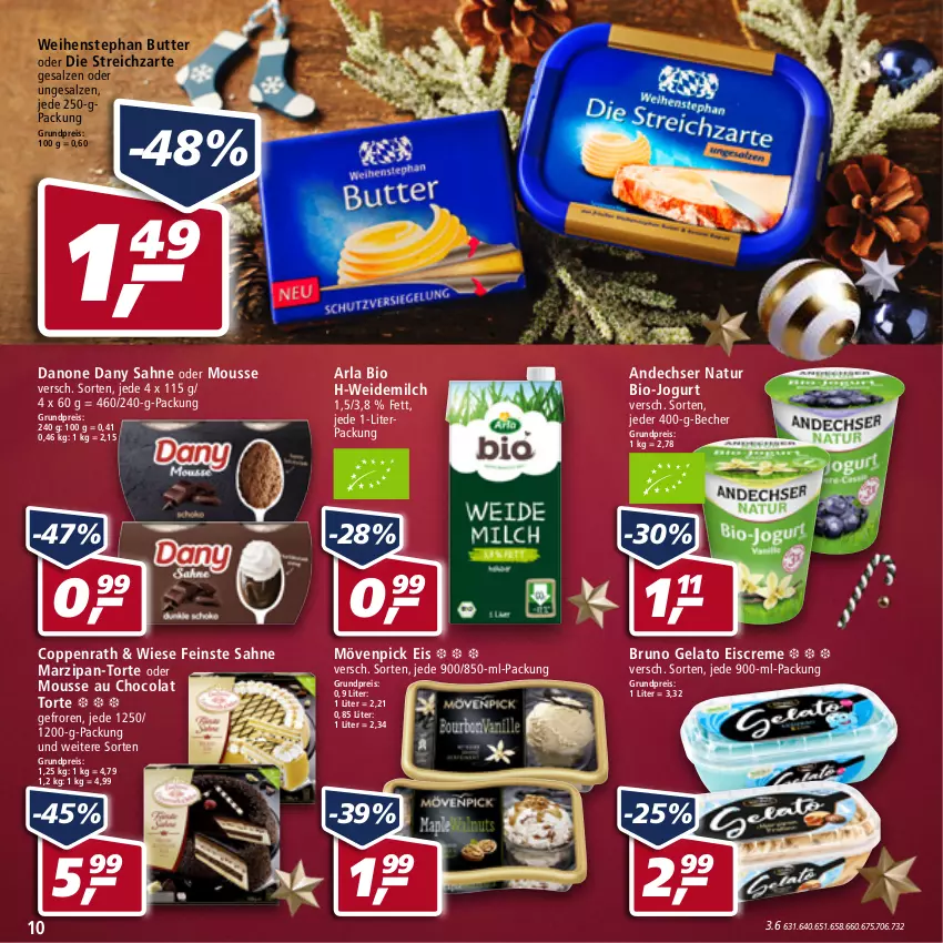 Aktueller Prospekt Real - Real Handzettel - von 13.12 bis 18.12.2021 - strona 10 - produkty: andechser natur, arla, Becher, bio, bruno gelato, butter, cola, coppenrath, creme, danone, Dany, dany sahne, eis, eiscreme, jogurt, marzipan, milch, mousse, Mousse au Chocolat, mövenpick, mövenpick eis, natur, reis, sahne, salz, Streichzart, torte, weidemilch, weihenstephan