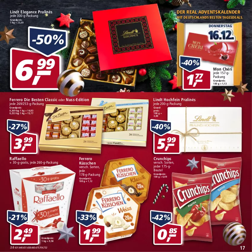 Aktueller Prospekt Real - Real Handzettel - von 13.12 bis 18.12.2021 - strona 17 - produkty: Adventskalender, beutel, chips, crunchips, eis, ferrero, Ferrero Küsschen, lindt, Mon Chéri, nuss, raffaello, reis, Ti