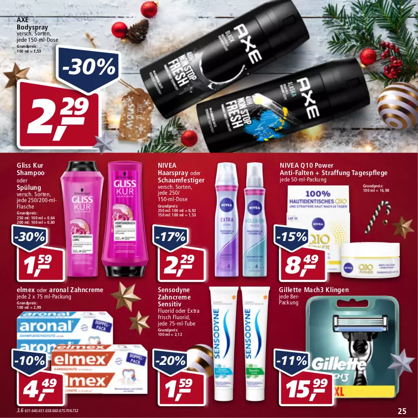 Aktueller Prospekt Real - Real Handzettel - von 13.12 bis 18.12.2021 - strona 25 - produkty: axe, body, bodyspray, creme, eis, elmex, flasche, gillette, gliss, gliss kur, haarspray, mac, mach3, nivea, oder schaumfestiger, Q10, reis, schaumfestiger, sensodyne, shampoo, shampoo oder spülung, spülung, Tagespflege, Ti, zahncreme