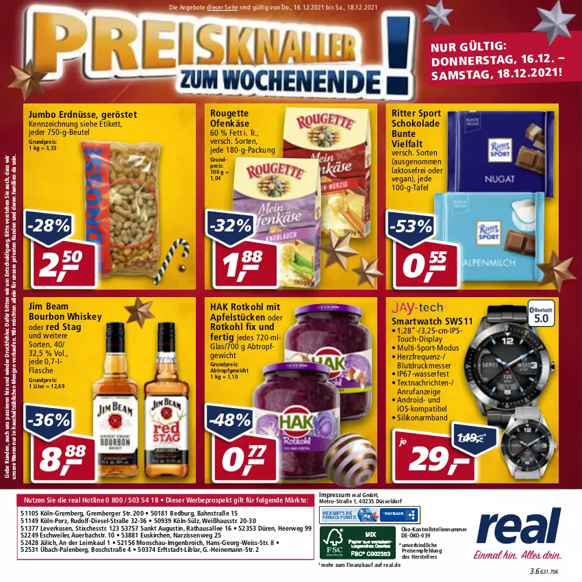 Aktueller Prospekt Real - Real Handzettel - von 13.12 bis 18.12.2021 - strona 56 - produkty: angebot, angebote, apfel, Armband, auer, Berger, beutel, bosch, bourbon, bourbon whiskey, Diesel, eis, elle, erdnüsse, flasche, jim beam, jumbo, Käse, LG, messer, Metro, Narzissen, Ofen, Ofenkäse, payback, reis, ritter, ritter sport, rotkohl, rouge, rougette, rwe, schoko, schokolade, smartwatch, Sport, teller, Ti, wasser, whiskey