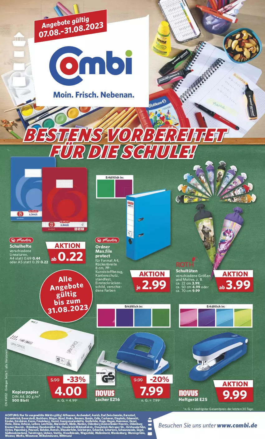 Aktueller Prospekt Combi - Prospekte - von 07.08 bis 12.08.2023 - strona 1 - produkty: ammerländer, Anew, angebot, angebote, Bad, Brei, din a4, eis, elle, Hefte, Holz, kopierpapier, merl, ordner, papier, reis, rel, ring, salz, Schultüten, String, Ti, Tüte, ZTE