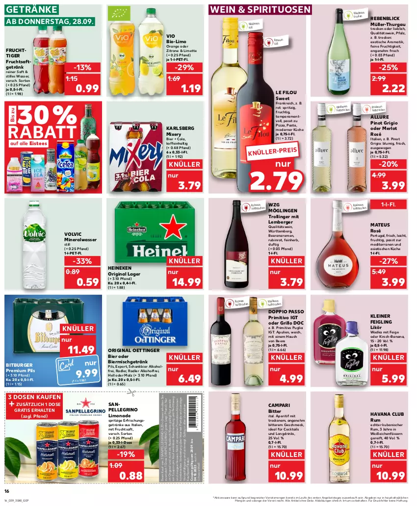 Aktueller Prospekt Kaufland - Prospekt - von 28.09 bis 04.10.2023 - strona 16 - produkty: alkohol, Alwa, angebot, aperitif, beere, beeren, Berger, bier, bio, bitburger, Brei, burger, campari, cocktail, cocktails, cola, coupon, doppio passo, drink, drinks, eis, eistee, elle, erfrischungsgetränk, erfrischungsgetränke, frucht, fruchtsaft, fruchtsaftgetränk, getränk, getränke, gin, grill, grillo, Havana Club, heineken, karlsberg, karlsberg mixery, kirsch, kleiner feigling, küche, leine, likör, limette, limo, limonade, mac, malz, mateus, merl, merlot, Mett, mineralwasser, Mineralwasser Still, mit frucht, Mixer, mixery, Mode, Müller, Müller-Thurgau, oettinger, orange, passo, pasta, pils, Pinot, pinot grigio, pizza, premium pils, primitivo, qualitätswein, radler, roséwein, rotwein, Rubin, rum, saft, sanpellegrino, Schankbier, spirituosen, tee, Ti, tisch, trolli, trollinger, volvic, wasser, wein, Weißwein, wodka, zitrone, ZTE