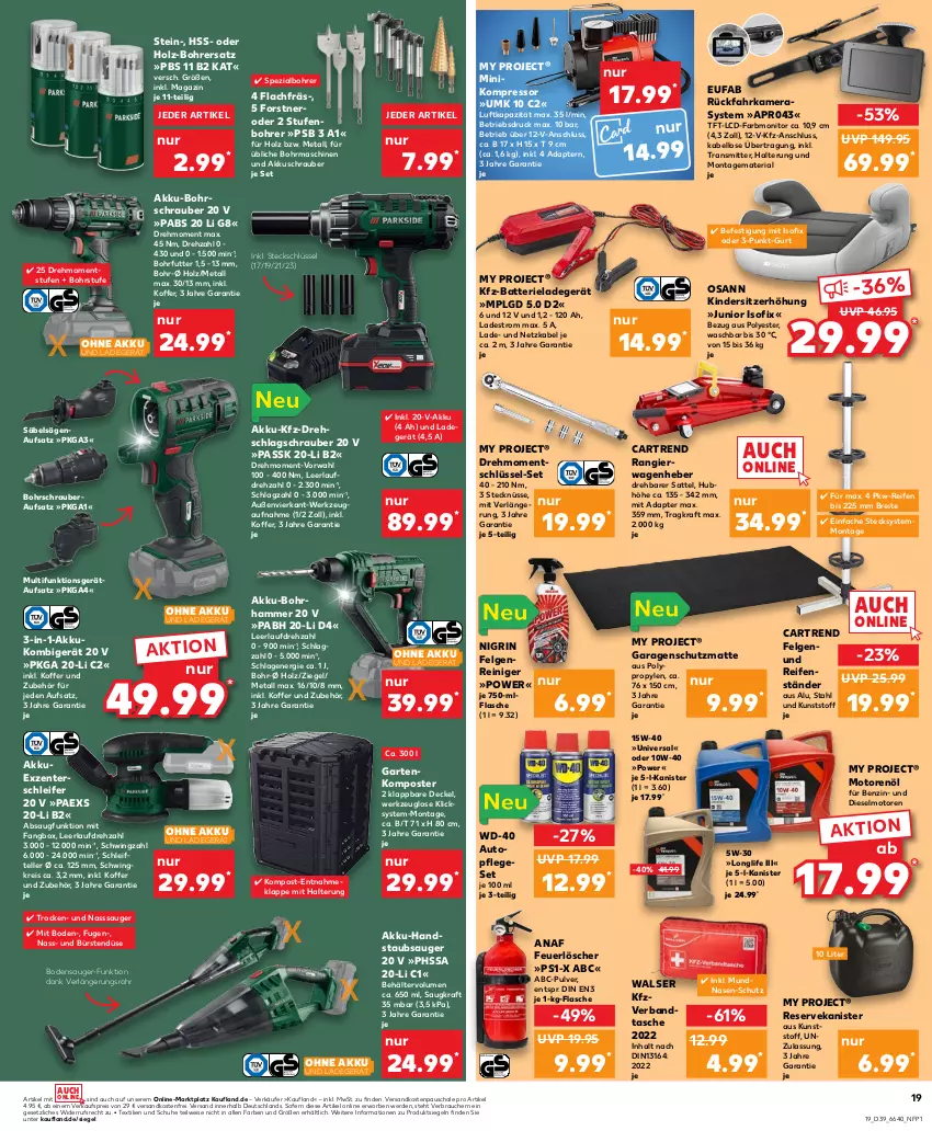 Aktueller Prospekt Kaufland - Prospekt - von 28.09 bis 04.10.2023 - strona 19 - produkty: adapter, akku, Akku-Bohrhammer, akku-bohrschrauber, akku-handstaubsauger, akkuschrauber, auto, batterie, Behälter, bodensauger, Bohrhammer, Bohrschrauber, Brei, bürste, bürsten, decke, Deckel, Diesel, eis, elle, ente, erde, eufab, felgen, Felgenreiniger, flasche, Garten, handstaubsauger, Holz, kamera, Kameras, Kinder, Kindersitz, koffer, Komposter, kompressor, kraft, ladegerät, LG, longlife, magazin, monitor, motorenöl, Nasssauger, ndk, nero, Nigrin, ohne akku und ladegerät, Rauch, reifen, reiniger, reis, Ria, Säbelsäge, säge, sattel, Schal, Schale, schuhe, Sitzerhöhung, Spezi, staubsauger, Tasche, teller, Ti, topf, versandkostenfrei, walser, werkzeug