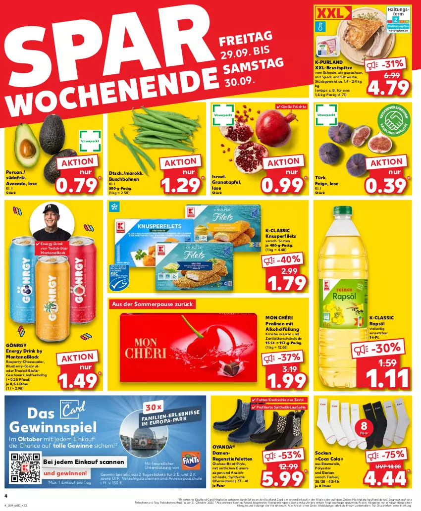 Aktueller Prospekt Kaufland - Prospekt - von 28.09 bis 04.10.2023 - strona 4 - produkty: alkohol, angebot, apfel, avocado, Bau, baumwolle, blueberry, bohne, bohnen, Buschbohnen, cheesecake, coconut, cola, decksohle, drink, eis, energy drink, filet, filets, früchte, gewinnspiel, grana, granatapfel, gutschein, gutscheine, kirsch, kirsche, lack, likör, mac, Mon Chéri, montana, pralinen, purland, Rana, rapsöl, reis, Ria, Schal, Schale, schoko, schokolade, schwein, socken, Speck, Stiefeletten, Ti, wein, wolle, Zartbitterschokolade, ZTE