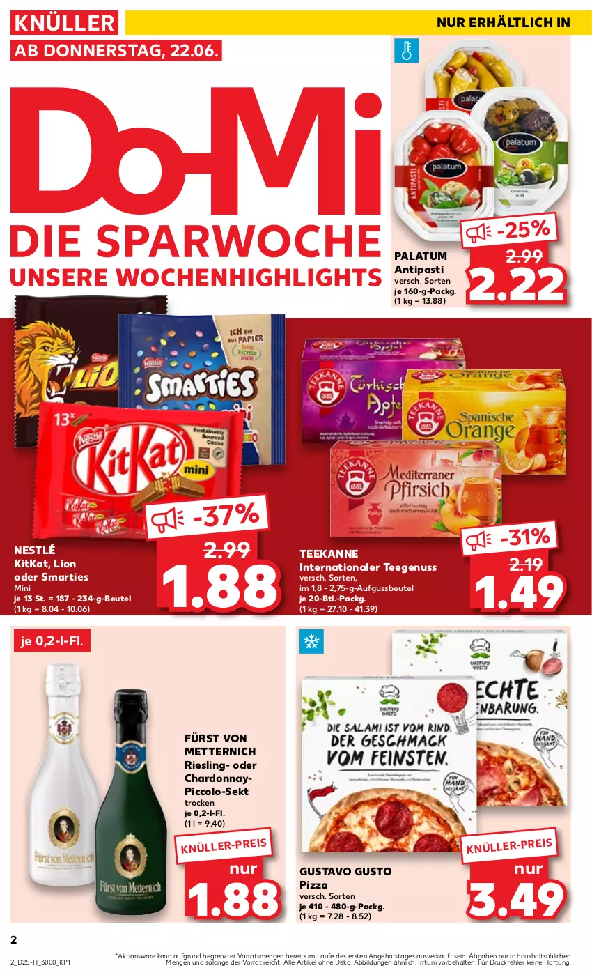 Aktueller Prospekt Kaufland - Extra-Angebote - von 22.06 bis 28.06.2023 - strona 2 - produkty: angebot, antipasti, asti, beutel, chardonnay, eis, fürst von metternich, kitkat, lion, Mett, metternich, nestlé, nuss, pizza, riesling, sekt, smarties, tee, teekanne, Ti, ZTE