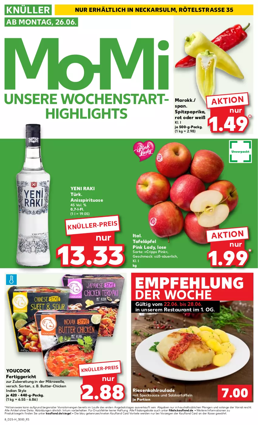 Aktueller Prospekt Kaufland - Extra-Angebote - von 22.06 bis 28.06.2023 - strona 8 - produkty: angebot, angebote, butter, eis, elle, erde, fertiggericht, kartoffel, kartoffeln, mac, mikrowelle, paprika, Pink Lady, salz, sauce, Speck, Spitzpaprika, tafeläpfel, Ti, yeni raki, Yo, YouCook, ZTE