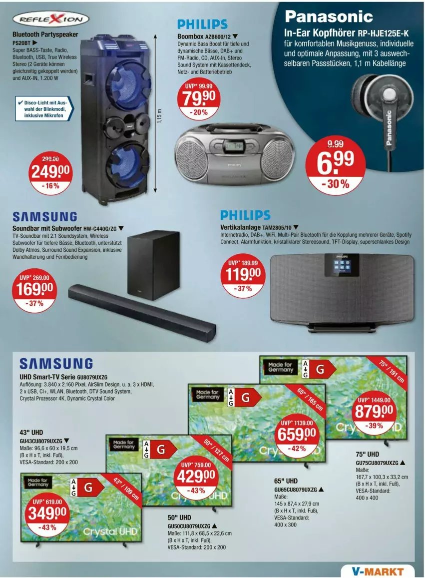 Aktueller Prospekt Vmarkt - Prospekte - von 10.05 bis 15.05.2024 - strona 19 - produkty: batterie, elle, erde, fernbedienung, HDMI, In-Ear Kopfhörer, kopfhörer, nuss, panasonic, Philips, Radio, rel, Samsung, soundbar, Subwoofer, Ti, uhd, usb, wandhalterung