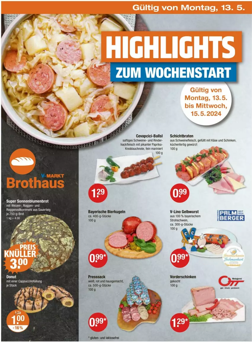 Aktueller Prospekt Vmarkt - Prospekte - von 10.05 bis 15.05.2024 - strona 22 - produkty: auer, ball, bier, blume, blumen, braten, brot, eis, fleisch, gewürz, hackfleisch, Käse, knoblauch, korn, küche, Küchen, Kugel, mac, mehl, paprika, presssack, rind, rinder, sac, saft, schinken, schwein, schweine, schweinefleisch, sonnenblume, sonnenblumen, Sonnenblumenbrot, Ti, wein, weine, wurst