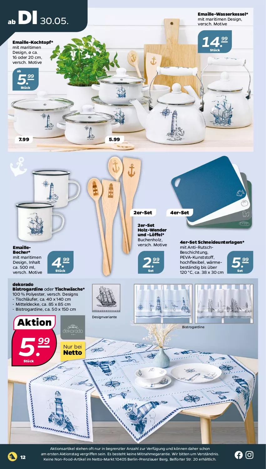 Aktueller Prospekt Netto - Woche 22 - von 30.05 bis 03.06.2023 - strona 12 - produkty: auer, Becher, buch, decke, Holz, Kochtopf, Läufer, Löffel, maille, mitteldecke, Ria, Ti, tisch, tischläufer, Tischwäsche, topf, wasser, Wasserkessel, ZTE