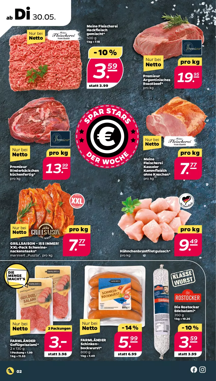 Aktueller Prospekt Netto - Woche 22 - von 30.05 bis 03.06.2023 - strona 2 - produkty: beef, bockwurst, brustfilet, Edelsalami, eis, filet, fleisch, Fleischerei, Geflügel, grill, gulasch, hackfleisch, hackfleisch gemischt, hähnchenbrust, hähnchenbrustfilet, kasseler, küche, Küchen, Nackensteak, nackensteaks, rind, rinder, roastbeef, Rostocker, salami, Schere, schinken, schwein, schweine, schweinenacken, steak, steaks, Ti, wein, weine, wurst