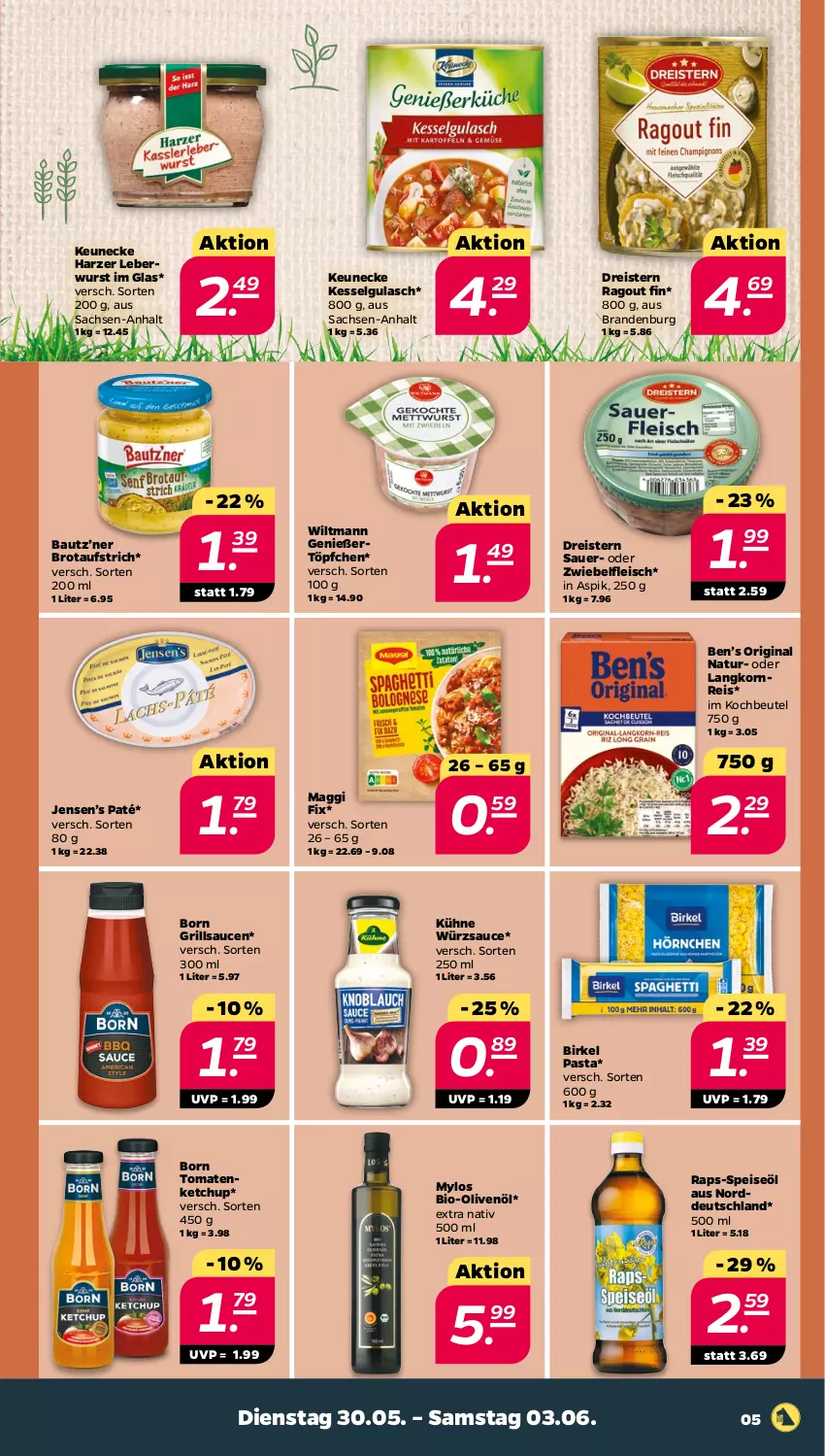 Aktueller Prospekt Netto - Woche 22 - von 30.05 bis 03.06.2023 - strona 5 - produkty: auer, aufstrich, Bau, Ben’s Original, beutel, bio, Bio-Olivenöl, birkel, brot, brotaufstrich, dreistern, eis, fleisch, gin, grill, grillsauce, gulasch, ketchup, kochbeutel, korn, Kühne, Langkornreis, leberwurst, LG, maggi, maggi fix, natur, olive, oliven, olivenöl, pasta, Ragout, reis, sac, sauce, saucen, Ti, tomate, tomaten, tomatenketchup, Töpfchen, wiltmann, wurst, würzsauce, zwiebel