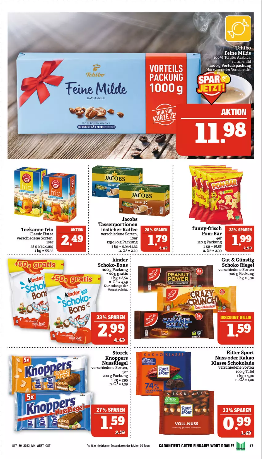 Aktueller Prospekt Marktkauf - Prospekt - von 23.07 bis 29.07.2023 - strona 17 - produkty: Bau, eier, eis, eistee, funny-frisch, jacobs, kaffee, Kinder, löslicher kaffee, natur, nuss, pom-bär, reis, riegel, ritter, ritter sport, schoko, schoko-bons, schokolade, Sport, storck, tasse, Tchibo, tee, teekanne, Ti, Tiere, ZTE