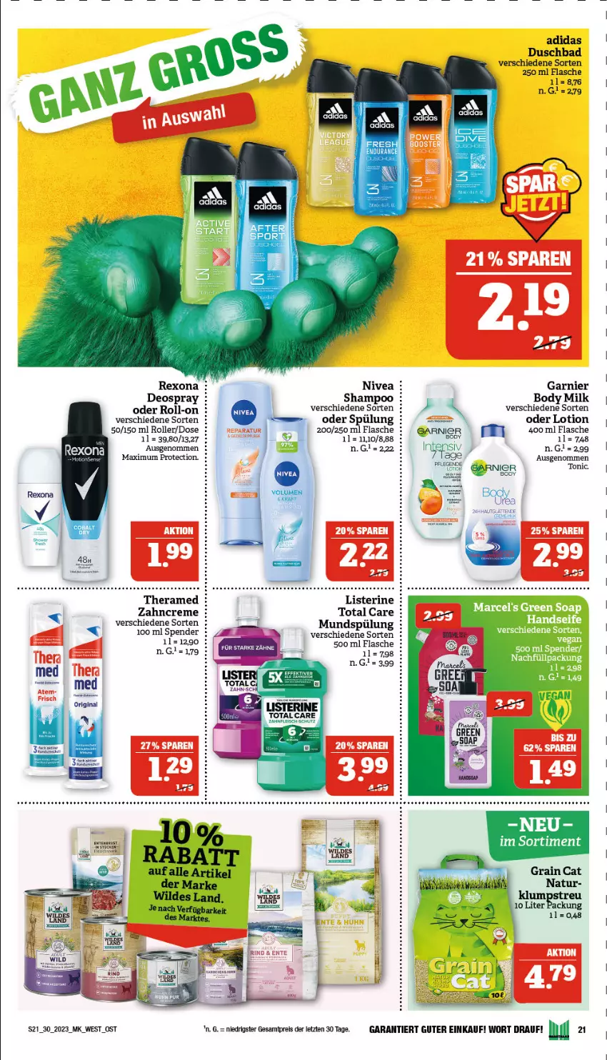 Aktueller Prospekt Marktkauf - Prospekt - von 23.07 bis 29.07.2023 - strona 21 - produkty: Adidas, Bad, body, body milk, creme, deo, deospray, duschbad, eis, ente, flasche, fleisch, garnier, listerine, Lotion, mundspülung, nivea, reis, rexona, roll-on, Roller, shampoo, snack, spülung, tee, theramed, Ti, tonic, total care, zahncreme, ZTE