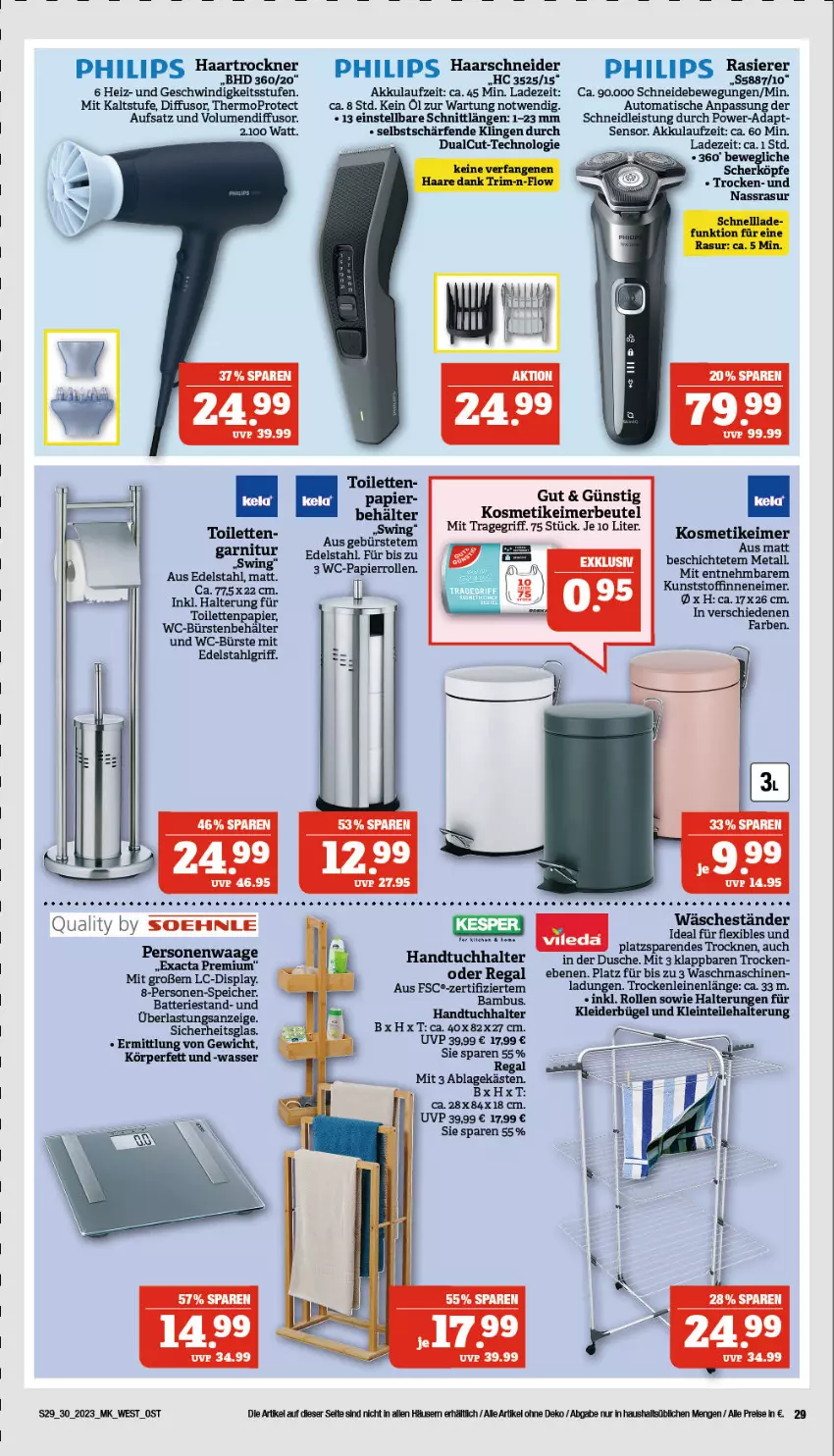 Aktueller Prospekt Marktkauf - Prospekt - von 23.07 bis 29.07.2023 - strona 29 - produkty: akku, auto, batterie, Behälter, bügel, bürste, bürsten, dusche, edelstahl, eimer, eis, haarschneider, haartrockner, handtuch, Handtuchhalter, kleid, kleider, kleiderbügel, leine, LG, papier, Personenwaag, personenwaage, Philips, regal, reis, soehnle, Ti, tisch, toilettenpapier, tragegriff, Trockner, tuc, Waage, waschmaschine, waschmaschinen, wasser, WC-Bürste