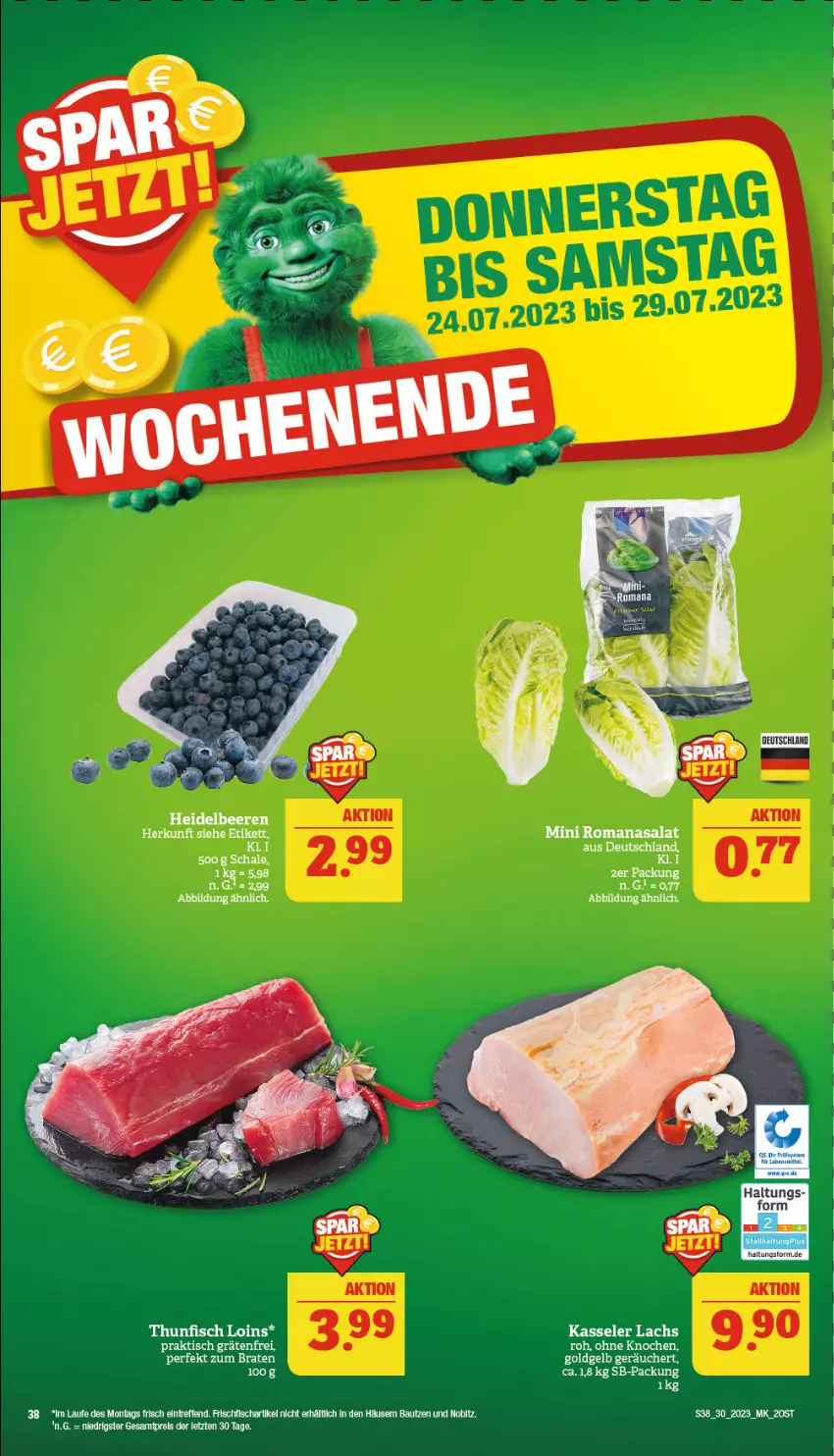 Aktueller Prospekt Marktkauf - Prospekt - von 23.07 bis 29.07.2023 - strona 38 - produkty: Bau, braten, eis, fisch, frischfisch, kasseler, lachs, reis, Romanasalat, salat, thunfisch, Ti, ZTE