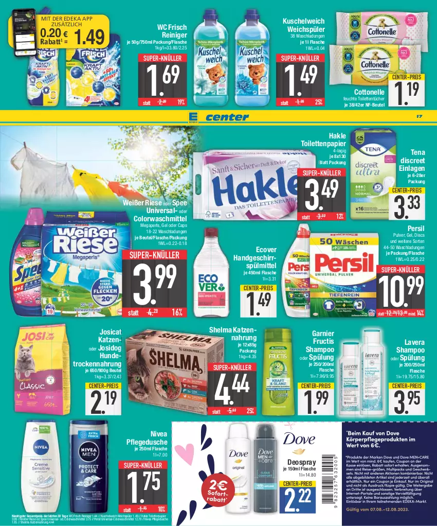 Aktueller Prospekt E Center - Angebote der Woche - von 07.08 bis 12.08.2023 - strona 17 - produkty: beutel, Cap, colorwaschmittel, cottonelle, coupon, deka, deo, deospray, Discreet, dusche, eis, elle, ente, flasche, fructis, garnier, geschirr, geschirrspülmittel, hakle, hakle toilettenpapier, Hundetrockennahrung, katzennahrung, Kuschelweich, lavera, megaperls, nivea, nuss, papier, persil, pflegedusche, reiniger, reis, shampoo, shampoo oder spülung, spee, spülmittel, spülung, super-knüller, Ti, toilettenpapier, toilettentücher, Trockennahrung, tücher, waschmittel, wc frisch, weichspüler, ZTE